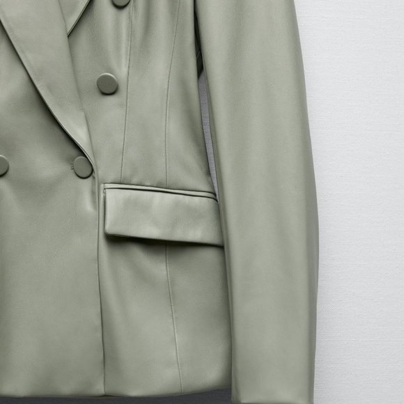 ZARA WOMAN SEA GREEN DOUBLE BREASTED FAUX LEATHER BLAZER - Picture 6 of 10